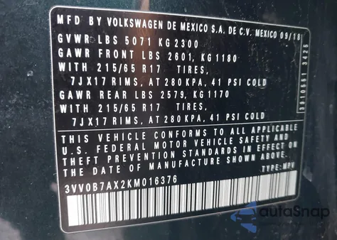 2019 Volkswagen Tiguan 2.0T S from USA, damaged, VIN 3VV0B7AX2KM016376